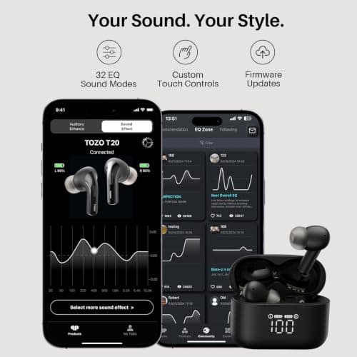 TOZO T20 Wireless Earbuds, Bluetooth 5.3 Headphones with 97H Playtime, IPX8 Waterproof, Dual Mic ENC Call Noise Cancelling, Deep Bass Sound, LED Display, Wireless Charging Case — view 7