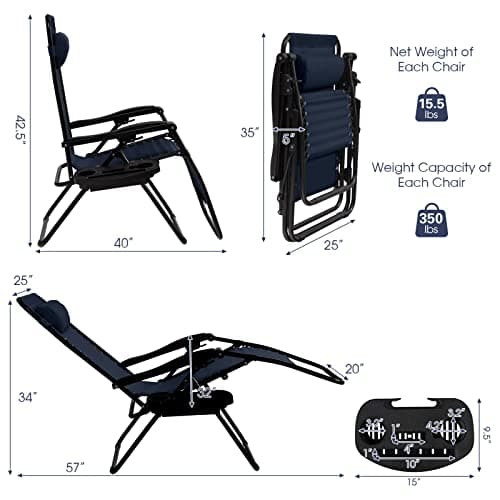 Goplus Zero Gravity Lounge Chairs, 160°Adjustable Folding Recliner w/Pillow and Cup Holder, 350LBS Comfy Outdoor Lounge Chairs for Patio, Lawn, Yard & Camp(Set of 2, Navy) — view 2