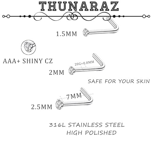 Thunaraz 60pcs Stainless Steel Nose Studs Rings Piercing Pin Body Jewelry 20G 1.5mm 2mm 2.5mm L-Shape — view 4