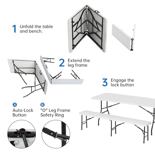 6 FT White Picnic Folding Table Set with 2 Benches, Portable Patio Dining Sets for Backyard, Lawn, Event, Party, Camping — view 5
