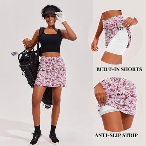 Ekouaer Skort Golf Skirts for Women Tennis Athletic Skirt Inner Shorts Pocket Floral Running Workout Sports Skorts,Pink Floral Medium — view 2