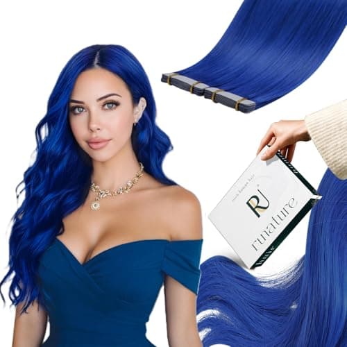 RUNATURE Blue Hair Extensions Tape in Human Hair Extensions 16 Inch 25g 10pcs