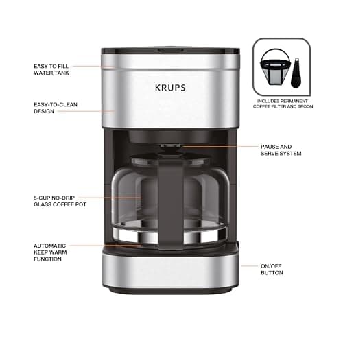 KRUPS Simply Brew Compact 5 Cup Coffee Maker: Stainless Steel Design, Pause & Brew, Keep Warm, Reusable Filter, Drip-Free Carafe — view 5