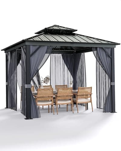 IDEALHOUSE 10' x 10' Outdoor Gazebo, Hardtop Patio Gazebo with Double Metal Roof, Mosquito Netting and Privacy Curtains, Permanent Canopy Shelter for Backyard, Garden, Lawn, Deck