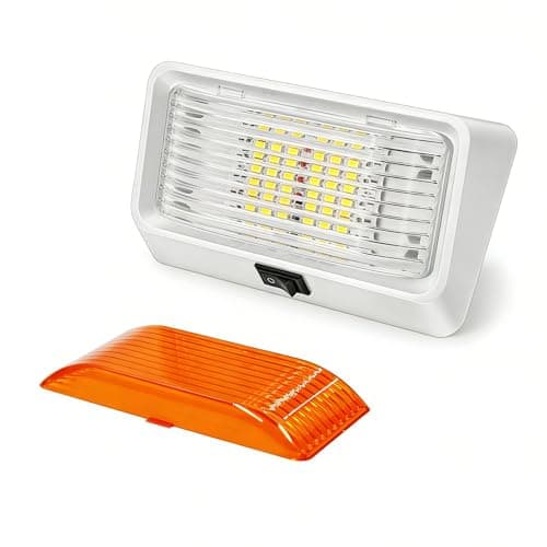 LED RV Exterior Porch Light with Switch, 12V Utility Lighting Fixture, 320 Lumen – Replacement Lamp for RVs, Trailers, Campers & 5th Wheels – White Base with Clear & Amber Lenses