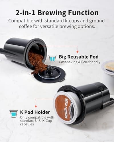 KIDISLE Hot & Iced Single Serve Coffee Maker for K Cup & Grounds, 6–16oz Brew Sizes, 40oz Water Tank, Reusable Pod Filter, Easy-to-Use, Black — view 2