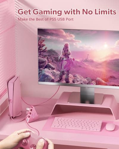 JoyReken 4-Port USB 3.0 Hub, FlyingVHUB Vertical Data USB Hub with 2 ft Extended Cable, for Mac, PC, Xbox One, PS4, PS5, iMac, Surface Pro, XPS, Laptop, Desktop, Flash Drive, Mobile HDD(Pink) — view 4