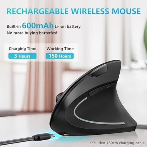 Lekvey Ergonomic Mouse, USB C Wireless Vertical Mouse, Dual Mode Rechargeable USB-A & Type-C Ergo Mouse, 1600 DPI, Relieves Wrist Pain and Carpal Tunnel, for Laptop Computer Mac MacBook PC, Black — view 4