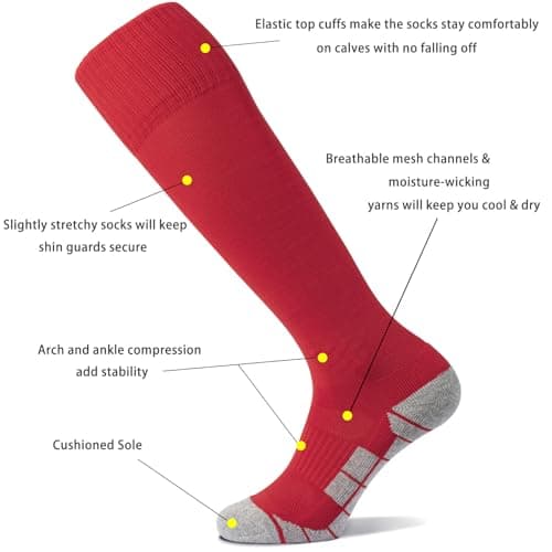 CWVLC Youth Soccer Baseball Socks 3 Pairs, Football Sport, Softball Team Athletic Socks, Knee High Long Tube Cotton Arch Ankle Compression Socks, Red, Medium — view 3