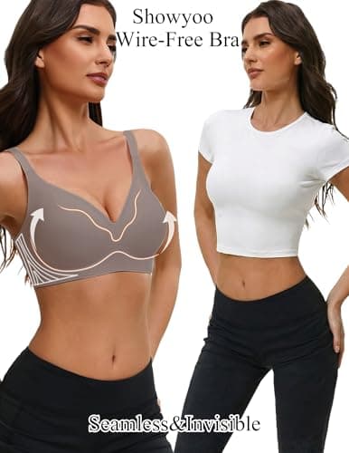 Showyoo Women's Seamless Jelly Bras Full Coverage Bralette No Underwire Comfort T-Shirt Bra with Lace Panel Insert Gray XL — view 4