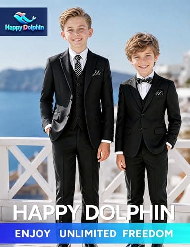 Happy Dolphin Boy Suit Slim Fit 5 Pieces Kids Suit Boy Wedding Suit Communion Ring Bearer Suit for Boys Size 14 Tuxedos Outfit Boys' Black Suit Set Dress Clothes Teen Youth Adjustable Waist