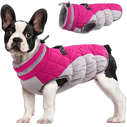 FUAMEY Dog Coat for Medium Dogs,Waterproof Dog Winter Jacket with Harness Built in Puppy Cold Weather Coats Reflective Pet Vest with Zipper Warm Fleece Dogs Snowsuit Windproof Pink M