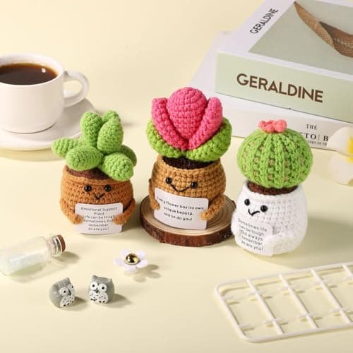 3pcs Positive Crochet Potted Plants, Positive Cactus Positive Crochet Succulent Crochet Cactus Knitted Succulent Positive Plants Crochet for Party Decoration Encouraging Gift — view 3