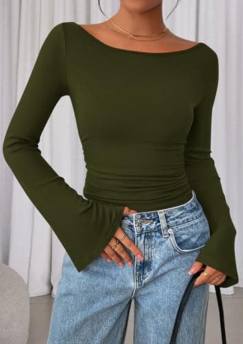 PRETTYGARDEN Womens Long Sleeve Shirts 2026 Spring Crop Going Out Tops Casual Boat Neck Bell Sleeve Ribbed Ruched Y2K Clothes (Army Green,X-Small)
