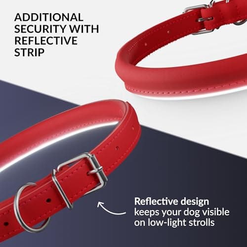 CollarDirect Rolled Leather Dog Collar, Soft Padded Round Puppy Collar, Handmade Genuine Leather Collar Dog Small Large Cat Collars (Red Smooth, 23-28 cm) — view 3