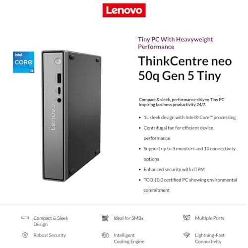 Lenovo ThinkCentre neo 50q Gen 5 Mini Desktop PC, Intel Core i5-13420H 8-Core, 8GB DDR5 RAM, 512GB SSD, WiFi 6E, Bluetooth 5.3, Dual Display, USB-C, Windows 11 Pro - Business Office Remote Work