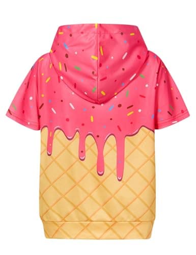 UNIFACO Funny Ice Cream Boys Hoodie Short Sleeve Sweatshirts Breathable Performance Shirts with Front Pouch Pocket Athletic Pullover, Pink and Yellow, 8 Years — view 3