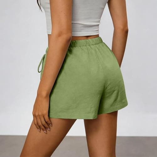 Summer Shorts for Women 2026 Trendy Elastic High Waisted Casual Linen Shorts with Pockets Lightweight Cute Beach Vacation Outfits Loose Comfy Lounge Drawstring Short Pants — view 2
