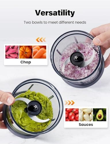 TWOMEOW Food Processor 4 Cup, Electric Food Chopper, 【Small but Powerful】Meat Grinder with 2 Bowls, 2 Speed & 4 Blades for Vegetable, Meat, Nuts, Functions for Chopping, Dicing, Mixing and Puree — view 4