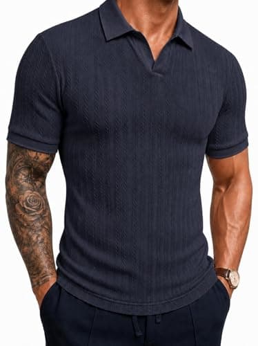 Askdeer Men's Polo Shirts Casual Short Sleeve Stretchy Ribbed Textured Old Money Vacation Beach Golf T Shirts Navy Blue Large
