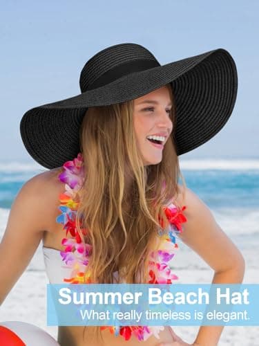 Senker Fashion Sun Hats for Women Oversize Wide Brim Straw Beach Hat Floppy Foldable Roll-Up Summer Vacation UPF 50+ Black — view 5