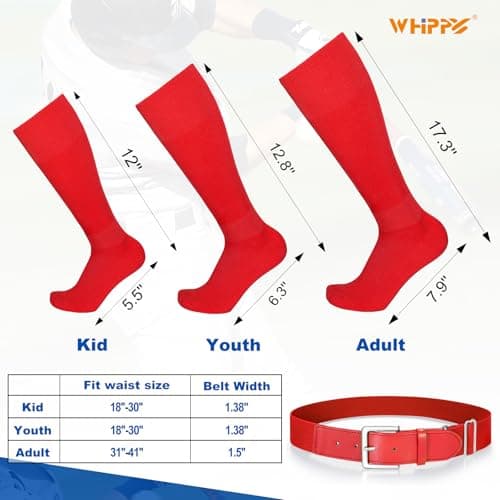 Youth Baseball Socks and Belt Combo, Set 2 Football Baseball Socks with Elastic Softball Belt for Boys Red — view 2
