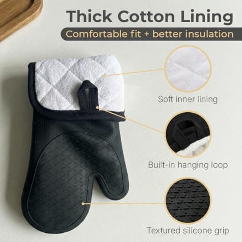 Kitch N Buds Oven Mitts, Extra-Long 15 in (38 cm), Black, Non-Slip Silicone Grip, Heat Resistant up to 500°F, Soft Cotton Lining — view 5