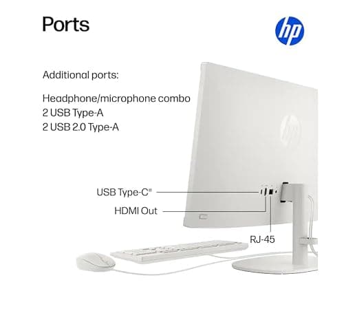 HP 22" All-in-One Desktop Computer, 8GB DDR5 RAM, 128GB UFS Storage,13th Gen Intel Quad-Core CPU, FHD VA Display, WiFi 6, Bluetooth 5.3, RJ45, USB-C (10Gbps), UHD Graphics, 720p Cam, Cashmere White — view 4
