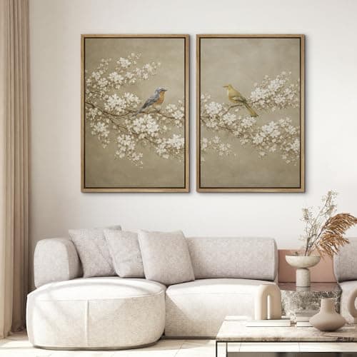 SIGNWIN Framed Canvas Print Wall Art Set Spring Birds on Blossoming Branches in Neutral Tones Illustration Modern Art Minimalism Decorative for Living Room, Bedroom, Office - 16"x24"x2 Natural