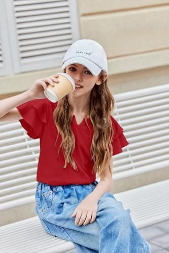 Arshiner Girls Red Shirts Little V Neck Tops Ruffle Sleeve Girl Clothes Casual Blouses for Kids Dressy Summer Soft Tee 7-8 Years — view 3