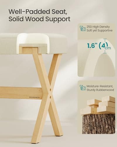SONGMICS Makeup Stool, Padded Vanity Stool, Foot Rest, Solid Wood X Legs, for Bedroom, Closet, Entryway, 12.6 x 16.5 x 18.1 Inches, Summer Sand and Natural Beige ULSF006LF02 — view 4