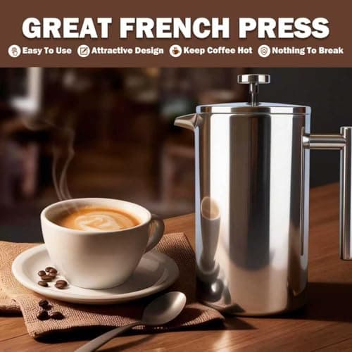 Extra Large French Press, French Press Coffee Maker 61 oz (1.8L), Insulated Stainless Steel French Press XXL Large Capacity Double Walled with Spoon for Espresso Coffee or Tea — view 4