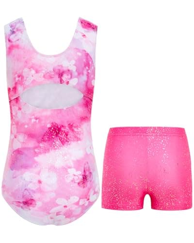 JiAmy Gymnastics Leotard for Girls, Sleeveless Gymnastics Outfit with Shorts Set, Sparkly Dance Outfits Athletic Bodysuit Outfit for Kids 6-7 Years