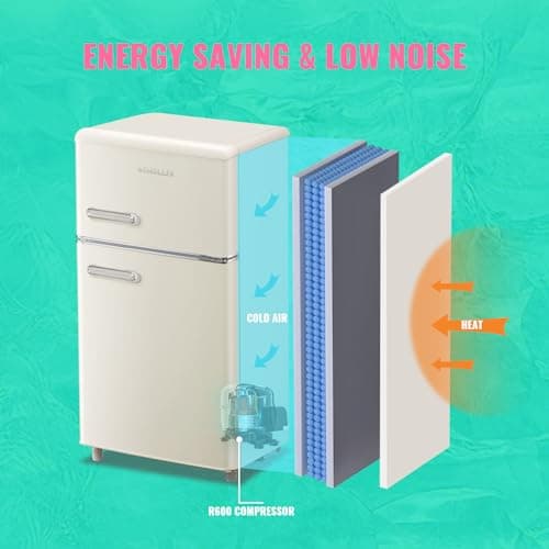 DEMULLER 100L Retro Mini Fridge with Freezer Dual Doors & Handles Compact Refrigerator with 7 Thermostat Control Freestanding Small Fridge with LED Light Cream — view 5