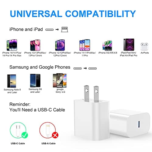 USB C Charger Block 2Pack 20W for iPhone 17 16 Fast Charging Wall Charger Plug with Type C Power Adapter for iPhone 17/16/16 Pro Max/16 Plus/15/14/13/12/11/Xs/X,for IPad Pro for Apple USBC Charge — view 2