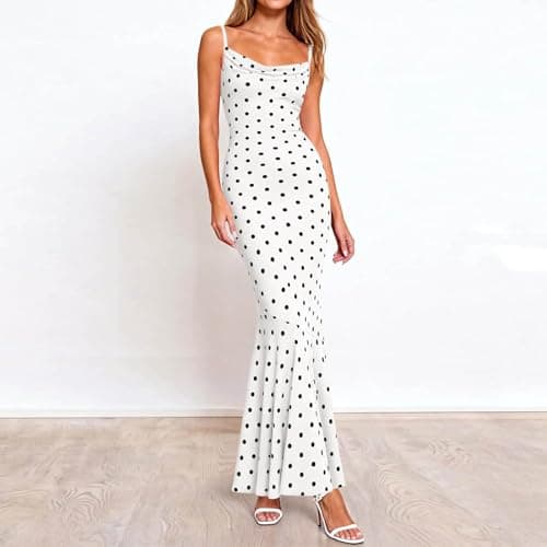 Womens Summer Dresses Polka Dot Spaghetti Strap Cowl Neck Bodycon Wedding Guest Cocktail Mermaid Maxi Dress Vacation White-M — view 5