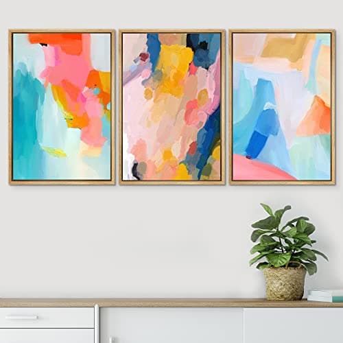 SIGNWIN Framed Canvas Print Wall Art Set Vibrant Rainbow Paint Stroke Collage Shapes Abstract Illustrations Modern Art Decorative Nordic Calm/Zen for Living Room, Bedroom, Office - 24"x36"x3 Natural — view 2