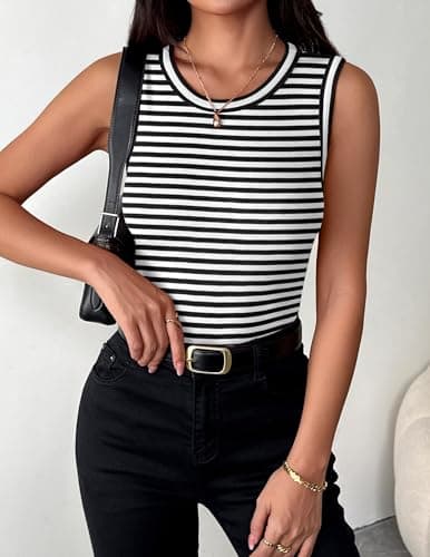 Zeagoo High Neck Tank Tops for Women 2026 Summer Striped Ribbed Knit Sleeveless Shirts Fitted Basic Undershirts — view 3
