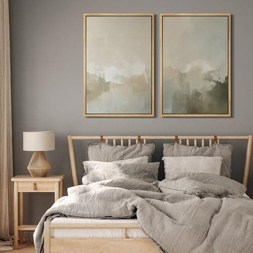 MUDECOR Framed Canvas Print Wall Art Set Neutral Misty Abstract Landscape Beige and Oliv Illustrations Modern Art Decorative Bohemian Calm/Zen for Living Room, Bedroom, Office - 24"x36"x2 Natural — view 4