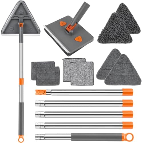 CALBEAU Baseboard Cleaner Tool with Handle, Folding Wall Mop with 86" Extension Pole, Swivel Wall Cleaner Mop with Squeegee, 8 Reusable Pads for Baseboard, Wall, Ceiling, Window, Floor, Dark Gray