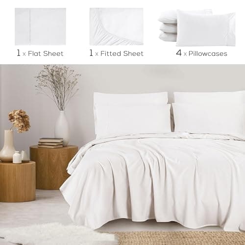 Mueller 6 Piece Queen Bed Sheets Set – Ultratemp Cooling Technology, Oeko-TEX Certified, Ultra-Soft Series, 4 Pillowcases, Deep Pocket 16", Hypoallergenic, Wrinkle-Free Hotel Bedding, White