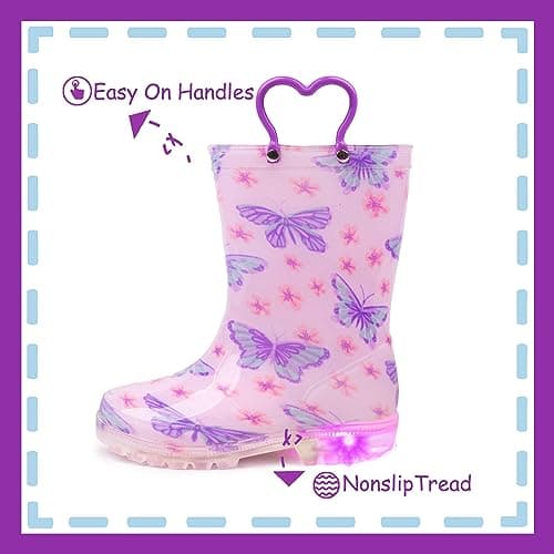 OUTEE Toddler Girls Rain Boots Little Kids Baby child Light Up Waterproof Rubber Shoes Butterfly Printed Mud Lightweight Adorable with Easy-On Handles Non Slip Sole Purple Size 8 — view 4