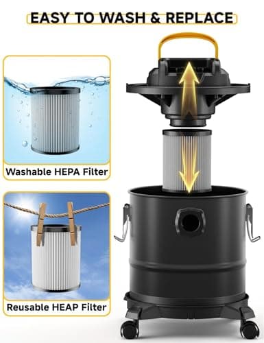 Cordless Ash Vacuum for Pellet Stoves, for DEWALT 20V Max Battery, Pellet Stove Vacuum Cleaner with 2 HEPA Filters, Powerful Suction, 4 Gallons & 4 Wheels, 38" Hose for Wood Fireplaces, BBQ Grills — view 4
