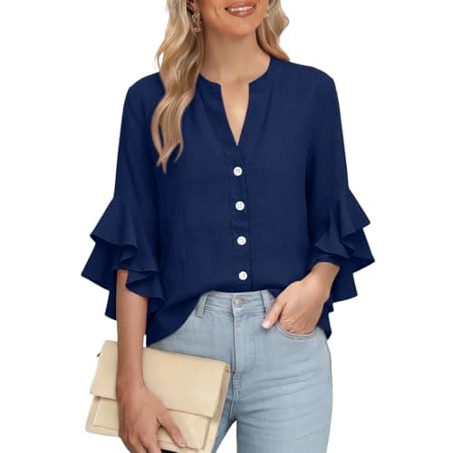3/4 Ruffle Sleeve Cotton Linen Shirts for Women Dressy V Neck Beach Tunic Tops Elegant Summer Casual Work Blouses Navy — view 5
