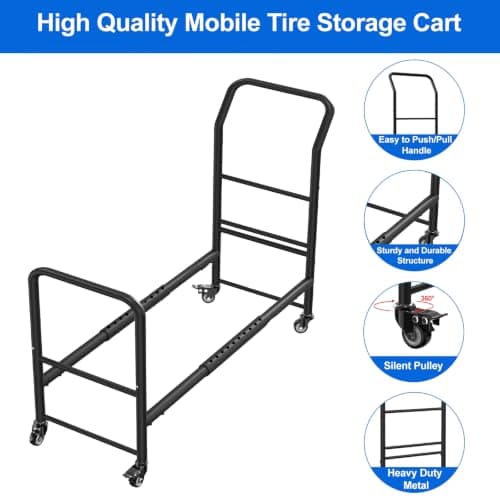 Rolling Tire Storage Rack,2 in 1 Mobile Metal Tire Storage and Transport Trailer Cart,43.3" x 34" x 13.7" Heavy Duty Tire Rack with 4 Wheels for Garage & Repair Shops,Black — view 2