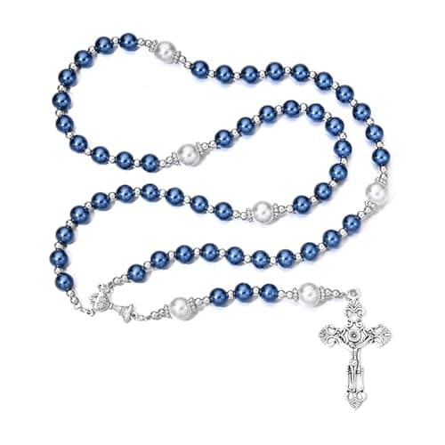 Merroyal First Communion Rosary with Glass Pearl Beads, Ornate Crucifix and Chalice Centerpiece, 18.5 Inches, Gift Box and Satin Bag Included, 18.5 Inches, Glass Pearl Metal Alloy Satin, glass bead — view 2