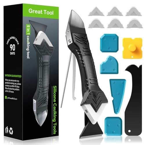 Silicone Caulking Tool, 5 in 1 Caulking Sealant Finishing Tool with Grout Scraper, 6 Exchange Silicone Pads, Adhesive Residue Scraper Seam Repair Kit for Kitchen Bathroom (White)