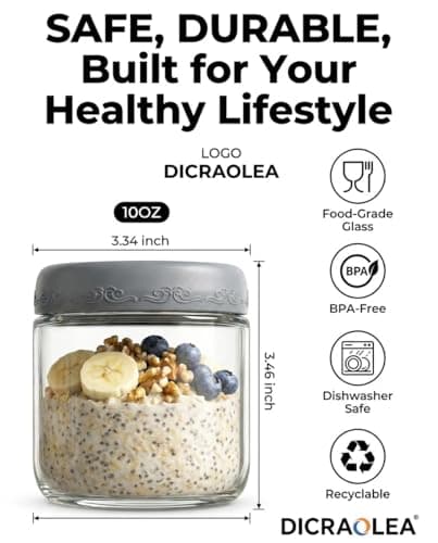 DicraoLea 10oz 4Pack Glass Overnight Oats Jars Containers with Airtight Leakproof Lids, Reusable Mason Jars for Meal Prep, Yogurt Parfaits, Smoothies, Salads & Healthy Breakfasts (10 OZ-4-1)