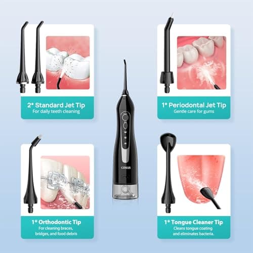 COSLUS ADA Accepted Water Dental Flosser Teeth Pick C20: Portable Cordless Oral Irrigator 300ML Rechargeable Travel Irrigation Cleaner IPX7 Waterproof Electric Flossing Machine, Professional Set Black — view 8