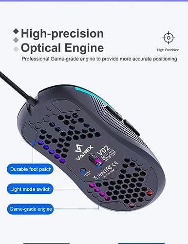VANEX V02 Wired RGB Gaming Mouse Ergonomic, Honeycomb Shell Mouse, 6 Programmable Buttons, 7200 DPI, 1.5m Cable — view 5